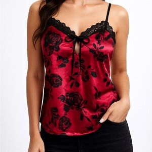 Vintage Red Satin Rose Cami — Lace Trim, Y2K Goth Romance 1X